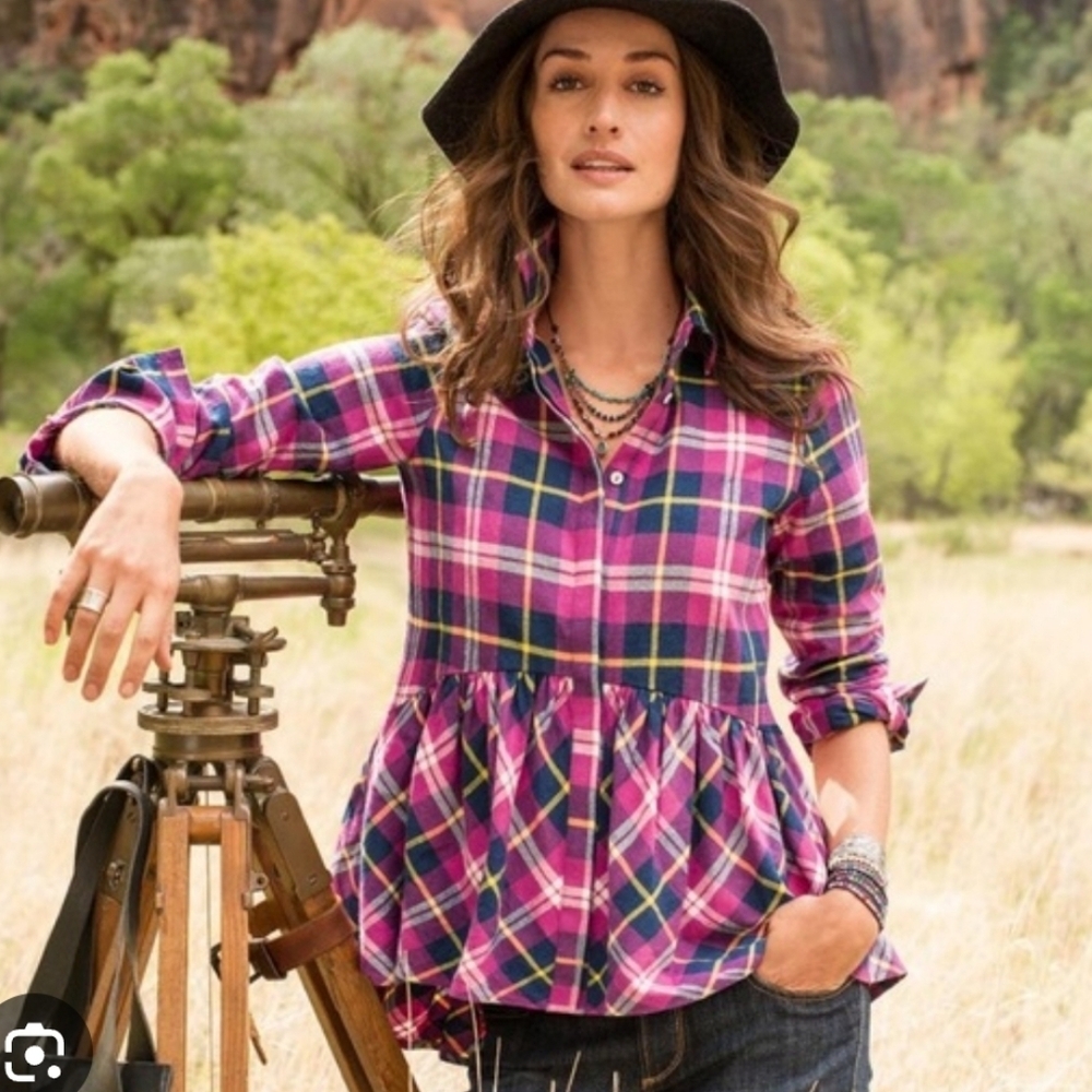 Sundance Plaid Button Up Ruffle Peplum Baby Doll Top Flannel